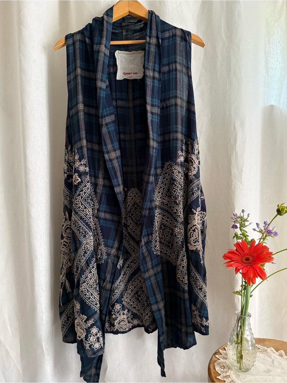 Johnny Was 3J Workshop Plaid Embroidered Cardigan Duster Vest M Tencel Boho